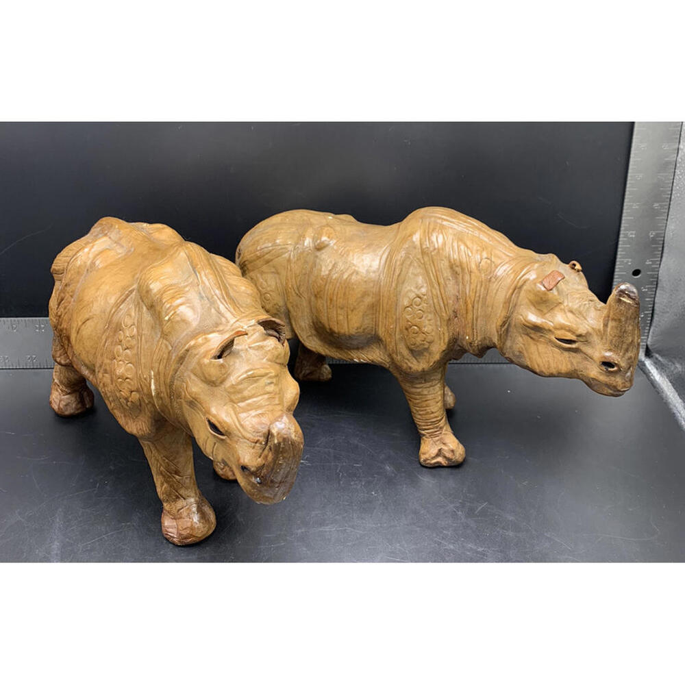 Vintage Leather Wrapped Rhinoceros Art Statue Sculpture Mid Century Home Decor
